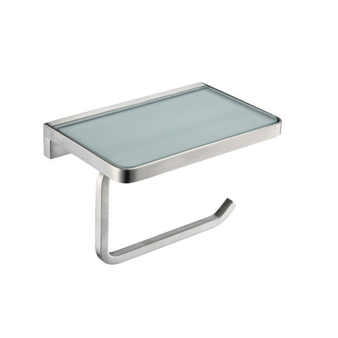 Image of Lexora Bagno Bianca Stainless Steel White Glass Shelf w/ Toilet Paper Holder - Brushed Nickel | LSP18152BNWG
