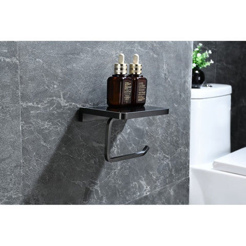 Image of Lexora Bagno Bianca Stainless Steel Black Glass Shelf w/ Toilet Paper Holder - Gun Metal | LSP18152GMBG
