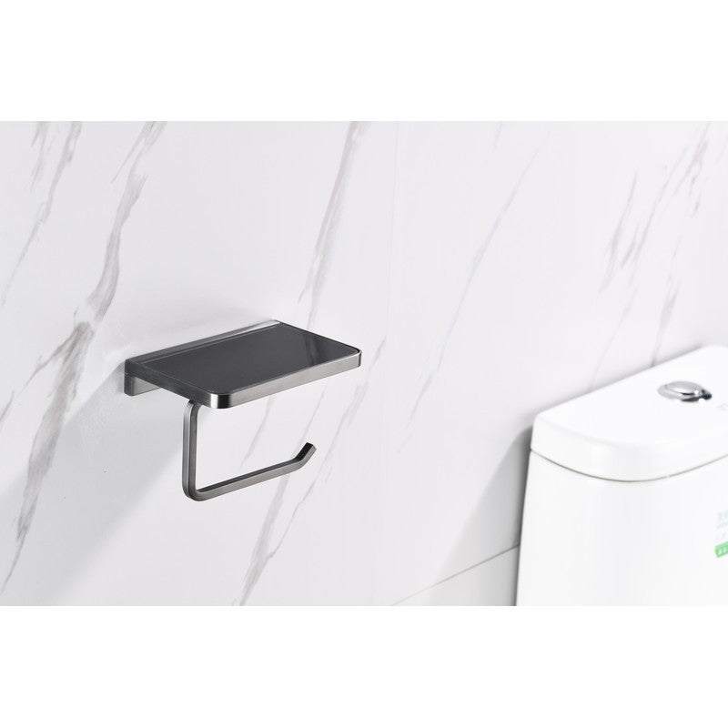 Lexora Bagno Bianca Stainless Steel Black Glass Shelf w/ Toilet Paper Holder - Gun Metal | LSP18152GMBG