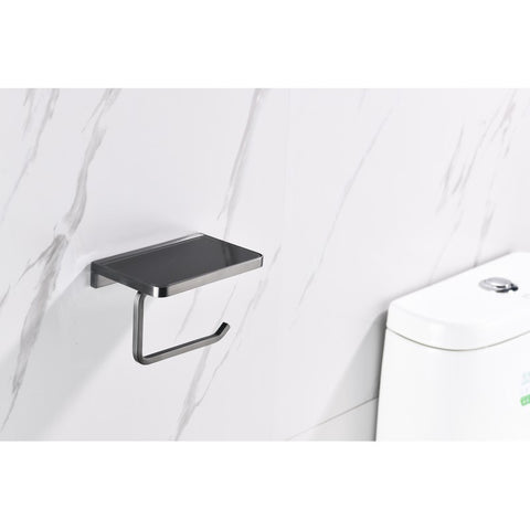 Lexora Bagno Bianca Stainless Steel Black Glass Shelf w/ Toilet Paper Holder - Gun Metal | LSP18152GMBG