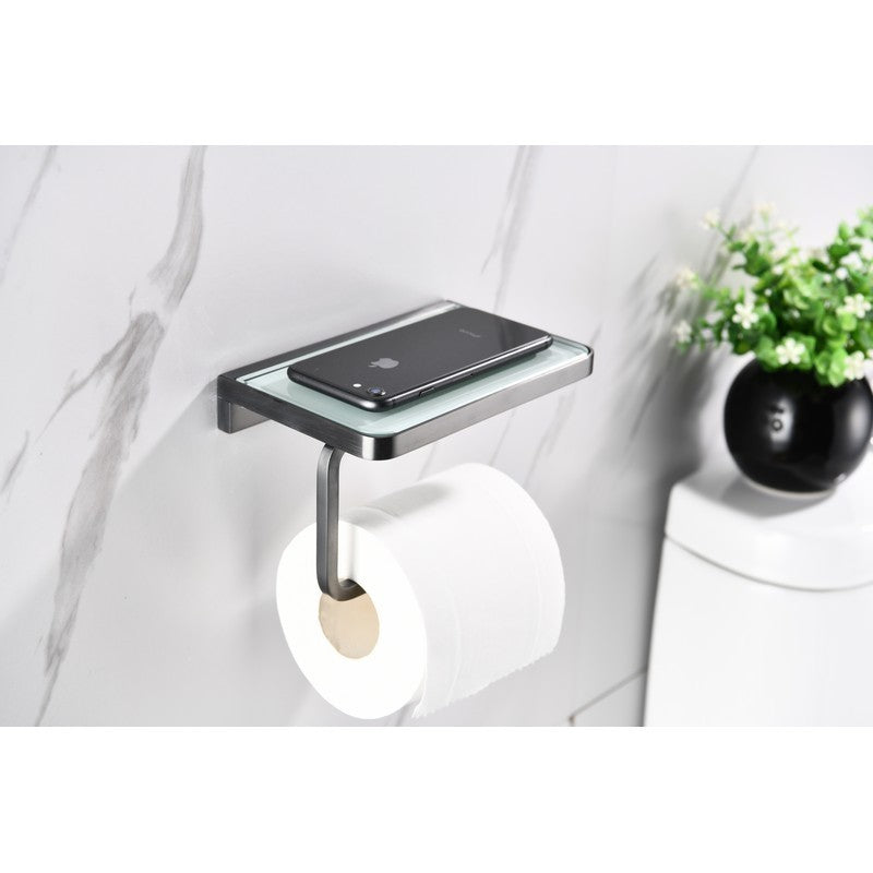 Lexora Bagno Bianca Stainless Steel White Glass Shelf w/ Toilet Paper Holder - Gun Metal | LSP18152GMWG