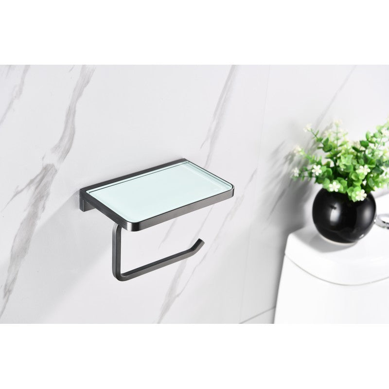 Lexora Bagno Bianca Stainless Steel White Glass Shelf w/ Toilet Paper Holder - Gun Metal | LSP18152GMWG