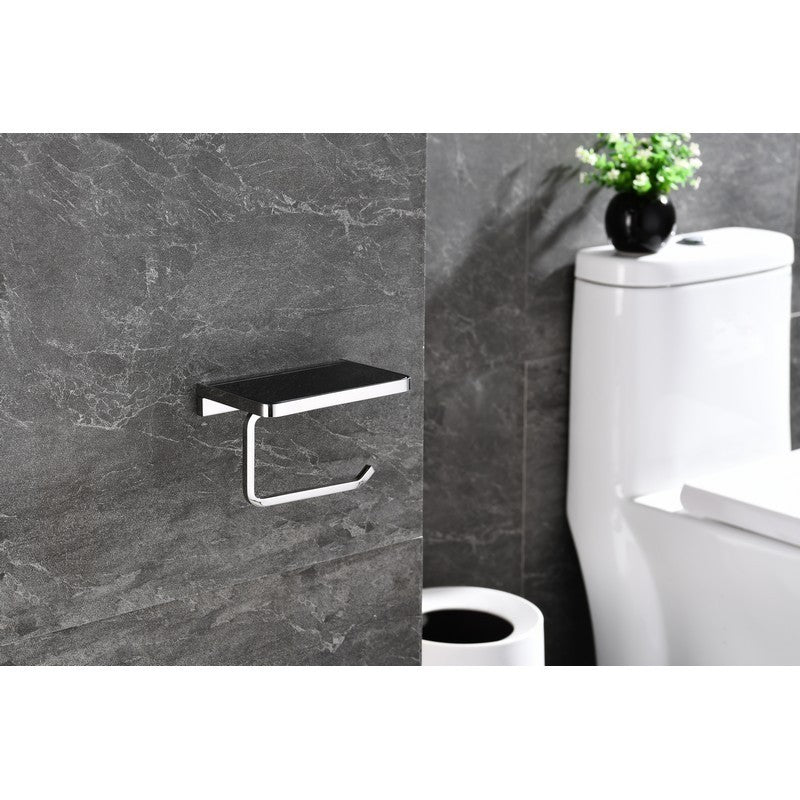 Lexora Bagno Bianca Stainless Steel Black Glass Shelf w/ Toilet Paper Holder - Chrome | LSP18152PCBG