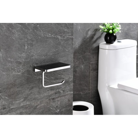 Image of Lexora Bagno Bianca Stainless Steel Black Glass Shelf w/ Toilet Paper Holder - Chrome | LSP18152PCBG