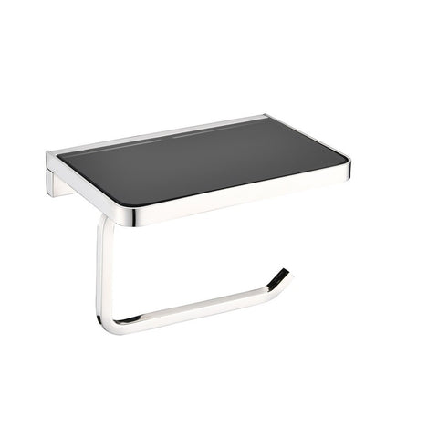Image of Lexora Bagno Bianca Stainless Steel Black Glass Shelf w/ Toilet Paper Holder - Chrome | LSP18152PCBG