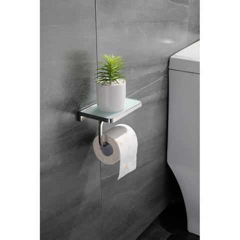 Image of Lexora Bagno Bianca Stainless Steel White Glass Shelf w/ Toilet Paper Holder - Chrome | LSP18152PCWG