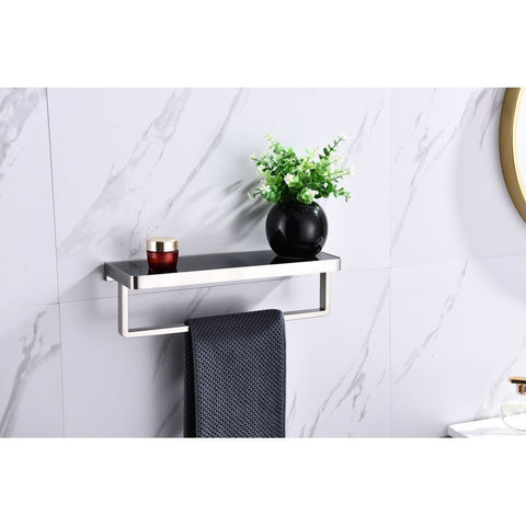 Image of Lexora Bagno Bianca Stainless Steel Black Glass Shelf w/ Towel Bar - Brushed Nickel | LST18152BNBG