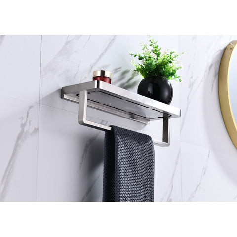 Lexora Bagno Bianca Stainless Steel Black Glass Shelf w/ Towel Bar - Brushed Nickel | LST18152BNBG