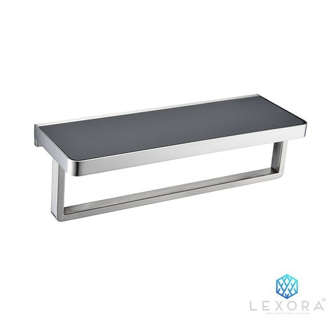 Image of Lexora Bagno Bianca Stainless Steel Black Glass Shelf w/ Towel Bar - Brushed Nickel | LST18152BNBG
