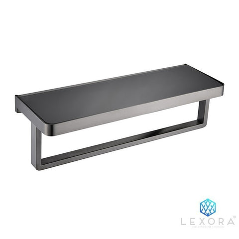 Image of Lexora Bagno Bianca Stainless Steel Black Glass Shelf w/ Towel Bar - Gun Metal | LST18152GMBG