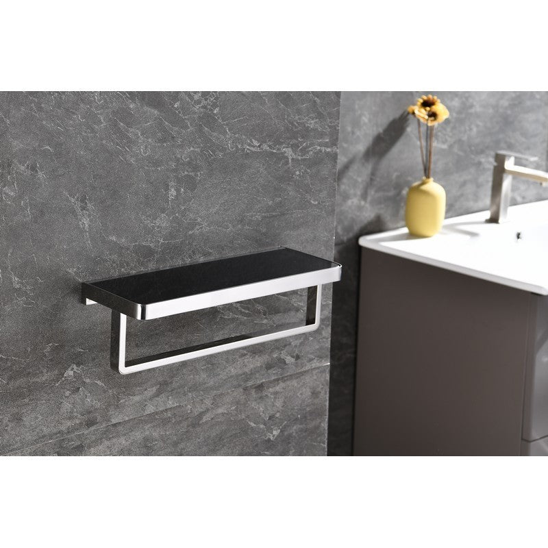 Lexora Bagno Bianca Stainless Steel Black Glass Shelf w/ Towel Bar - Chrome | LST18152PCBG