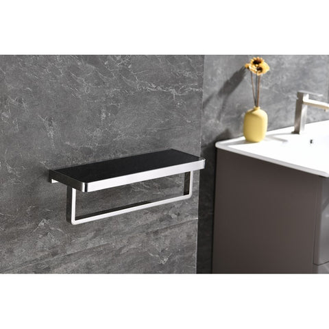 Image of Lexora Bagno Bianca Stainless Steel Black Glass Shelf w/ Towel Bar - Chrome | LST18152PCBG