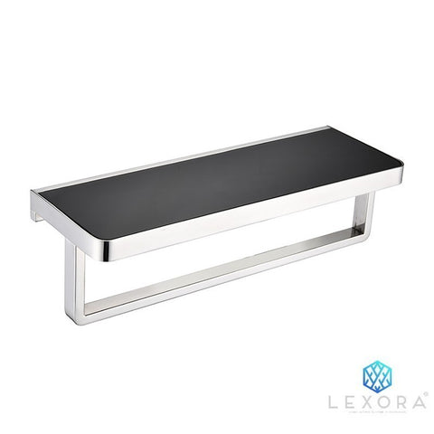 Image of Lexora Bagno Bianca Stainless Steel Black Glass Shelf w/ Towel Bar - Chrome | LST18152PCBG