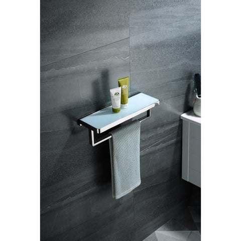 Image of Lexora Bagno Bianca Stainless Steel White Glass Shelf w/ Towel Bar - Chrome | LST18152PCWG