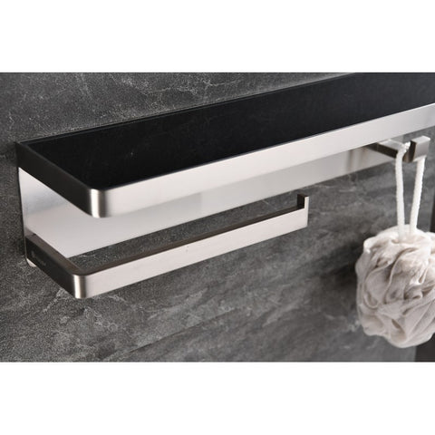 Image of Lexora Bagno Bianca Stainless Steel Black Glass Shelf w/ Towel Bar & Robe Hook - Brushed Nickel| LSTR18152BNBG