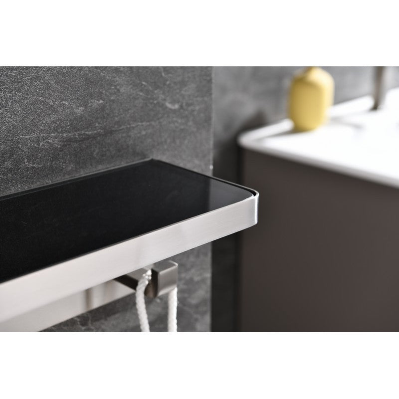 Lexora Bagno Bianca Stainless Steel Black Glass Shelf w/ Towel Bar & Robe Hook - Brushed Nickel| LSTR18152BNBG