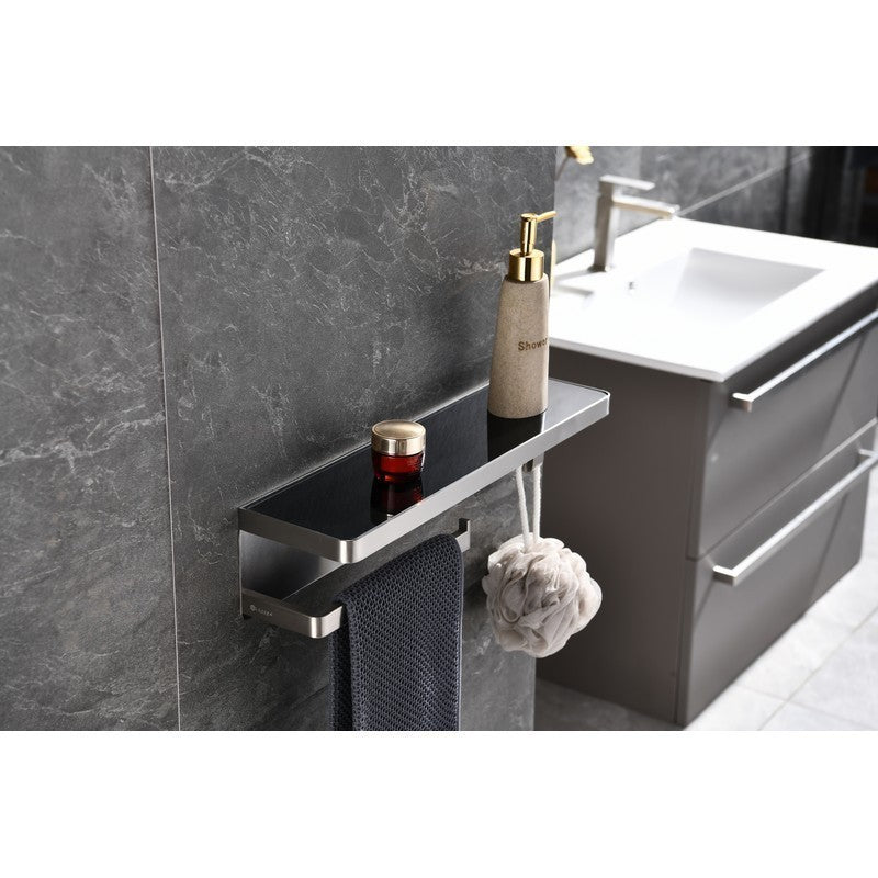 Lexora Bagno Bianca Stainless Steel Black Glass Shelf w/ Towel Bar & Robe Hook - Brushed Nickel| LSTR18152BNBG