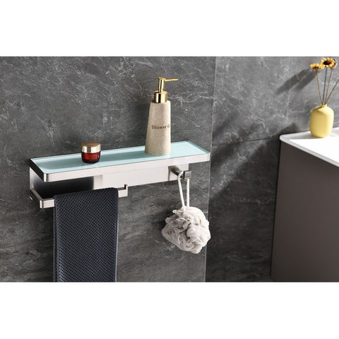 Image of Lexora Bagno Bianca Stainless Steel White Glass Shelf w/ Towel Bar & Robe Hook - Brushed Nickel | LSTR18152BNWG