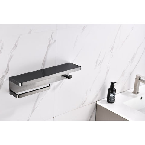 Image of Bagno Bianca Stainless Steel Black Glass Shelf w/ Towel Bar & Robe Hook - Gun Metal | LSTR18152GMBG