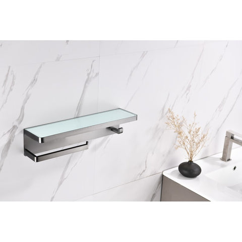 Image of Lexora Bagno Bianca Stainless Steel White Glass Shelf w/ Towel Bar & Robe Hook - Gun Metal | LSTR18152GMWG