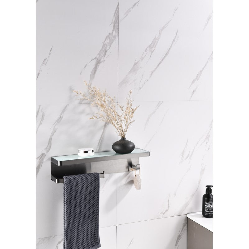 Lexora Bagno Bianca Stainless Steel White Glass Shelf w/ Towel Bar & Robe Hook - Gun Metal | LSTR18152GMWG