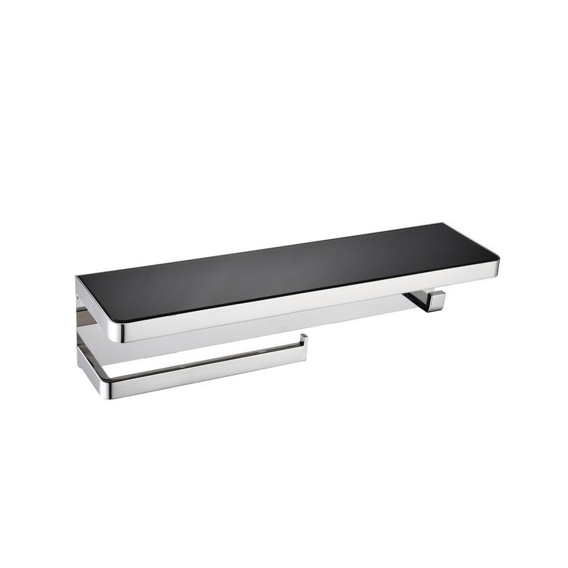 Lexora Bagno Bianca Stainless Steel Black Glass Shelf w/ Towel Bar & Robe Hook - Chrome | LSTR18152PCBG