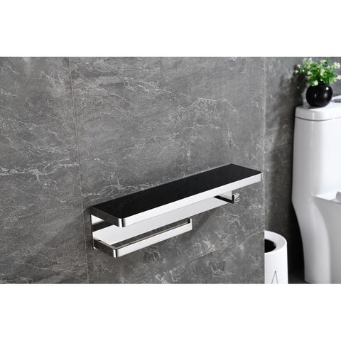 Image of Lexora Bagno Bianca Stainless Steel Black Glass Shelf w/ Towel Bar & Robe Hook - Chrome | LSTR18152PCBG