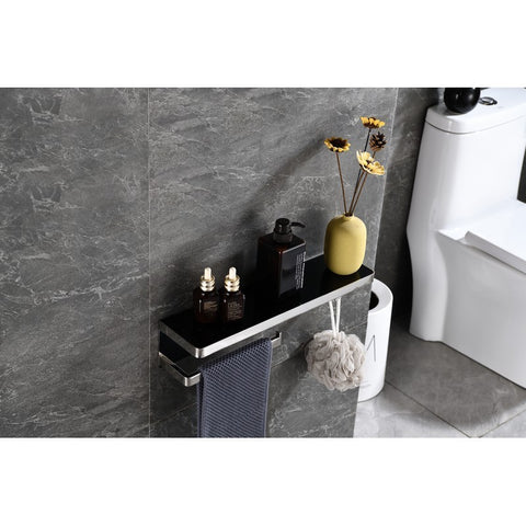 Image of Lexora Bagno Bianca Stainless Steel Black Glass Shelf w/ Towel Bar & Robe Hook - Chrome | LSTR18152PCBG