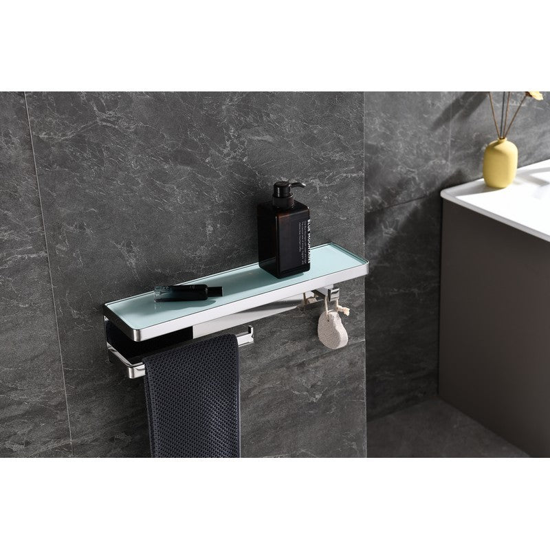 Lexora Bagno Bianca Stainless Steel White Glass Shelf w/ Towel Bar & Robe Hook - Chrome | LSTR18152PCWG