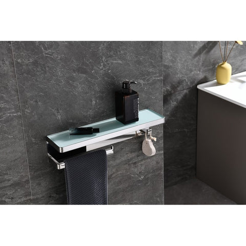 Image of Lexora Bagno Bianca Stainless Steel White Glass Shelf w/ Towel Bar & Robe Hook - Chrome | LSTR18152PCWG