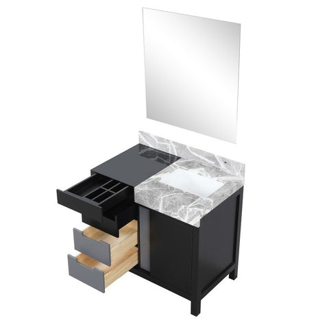 Image of Zilara 36" Black and Grey Vanity, Castle Grey Marble Top, and 30" Frameless Mirror | LZ342236SLISM30