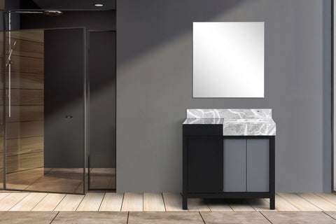 Image of Zilara 36" Black and Grey Vanity, Castle Grey Marble Top, and 30" Frameless Mirror | LZ342236SLISM30