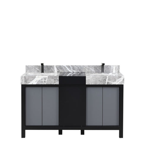 Image of Zilara 55" Black and Grey Double Vanity, Marble Top, and Balzani Gun Metal Faucet Set | LZ342255SLISFBG