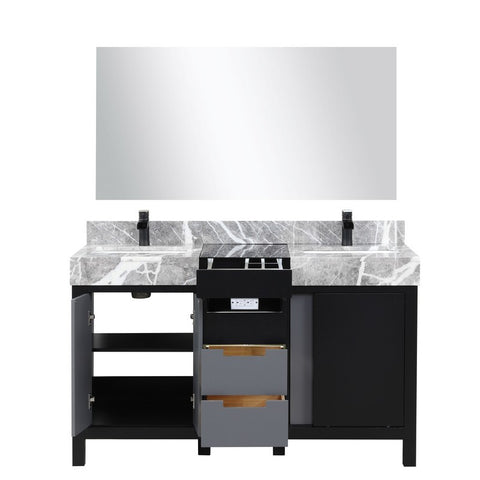 Image of Zilara 55" Black and Grey Vanity Set, Marble Top, Cascata Nera Matte Black Faucet Set | LZ342255SLISM53FCM