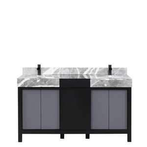 Zilara 60" Black and Grey Double Vanity, Marble Top, and Cascata Nera Matte Black Faucet Set | LZ342260DLISFCM