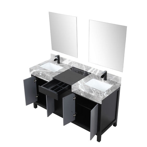 Image of Zilara 60" Black and Grey Double Vanity Set, Marble Top, Cascata Nera Matte Black Faucet Set | LZ342260DLISM28FCM