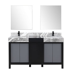Zilara 60" Black and Grey Double Vanity Set, Marble Top, Cascata Nera Matte Black Faucet Set | LZ342260DLISM28FCM