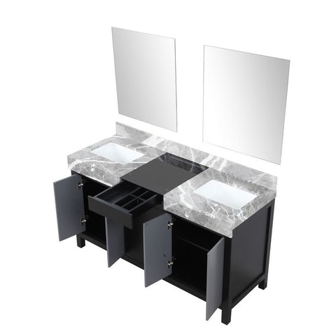 Image of Zilara 60" Black and Grey Double Vanity, Castle Grey Marble Top, and 28" Frameless Mirror | LZ342260DLISM28