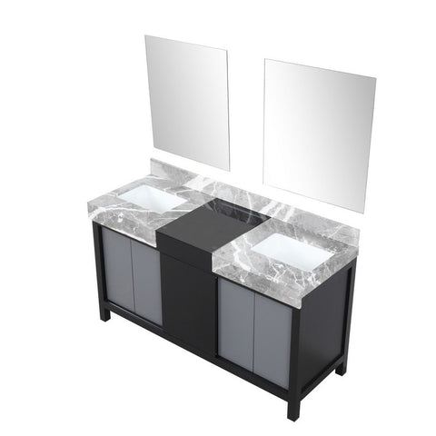 Image of Zilara 60" Black and Grey Double Vanity, Castle Grey Marble Top, and 28" Frameless Mirror | LZ342260DLISM28