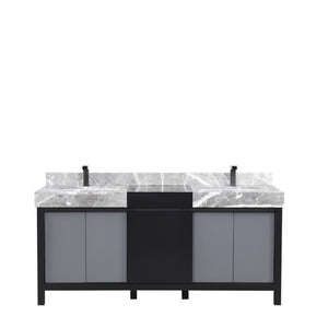 Zilara 72" Black and Grey Double Vanity, Marble Top, and Balzani Gun Metal Faucet Set | LZ342272DLISFBG