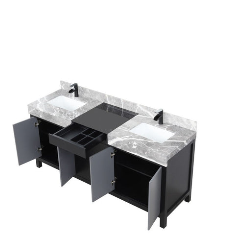 Image of Zilara 72" Black and Grey Double Vanity, Marble Top, and Cascata Nera Matte Black Faucet Set | LZ342272DLISFCM