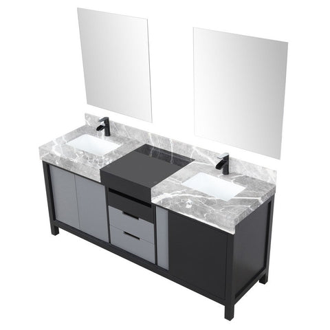 Image of Zilara 72" Black and Grey Double Vanity Set, Marble Top, Cascata Nera Matte Black Faucet Set | LZ342272DLISM28FCM