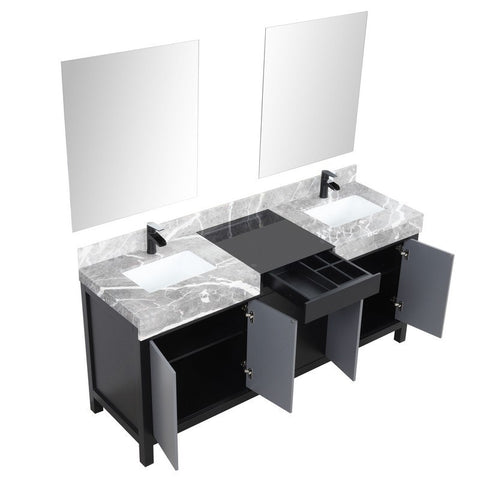 Image of Zilara 72" Black and Grey Double Vanity Set, Marble Top, Cascata Nera Matte Black Faucet Set | LZ342272DLISM28FCM
