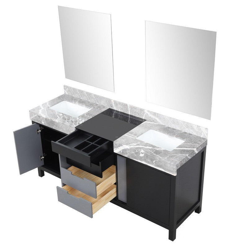 Zilara 72" Black and Grey Double Vanity, Castle Grey Marble Top, and 28" Frameless Mirror | LZ342272DLISM28