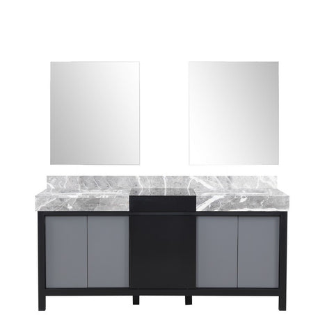 Image of Zilara 72" Black and Grey Double Vanity, Castle Grey Marble Top, and 28" Frameless Mirror | LZ342272DLISM28