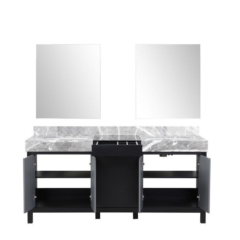 Zilara 72" Black and Grey Double Vanity, Castle Grey Marble Top, and 28" Frameless Mirror | LZ342272DLISM28