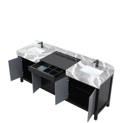 Image of Zilara 84" Black and Grey Double Vanity, Marble Top, and Balzani Gun Metal Faucet Set | LZ342284DLISFBG