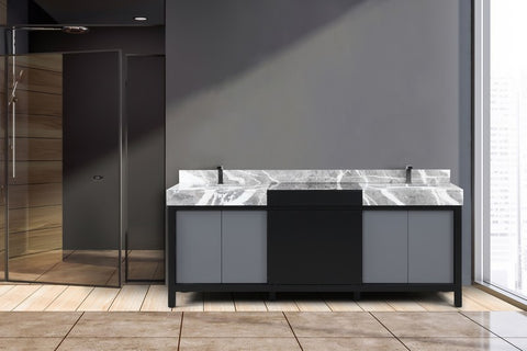 Image of Zilara 84" Black and Grey Double Vanity, Marble Top, and Balzani Gun Metal Faucet Set | LZ342284DLISFBG