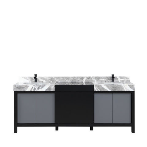 Image of Zilara 84" Black and Grey Double Vanity, Marble Top, Cascata Nera Matte Black Faucet Set | LZ342284DLISFCM