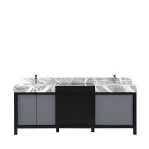 Zilara 84" Black and Grey Double Vanity, Castle Grey Marble Top, and Monte Chrome Faucet Set | LZ342284DLISFMC